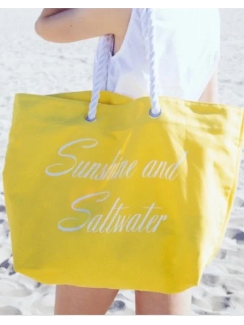 NWT TRINA TURK Canvas Tote Beach Bag - Yellow "Sunshine and Saltwater"